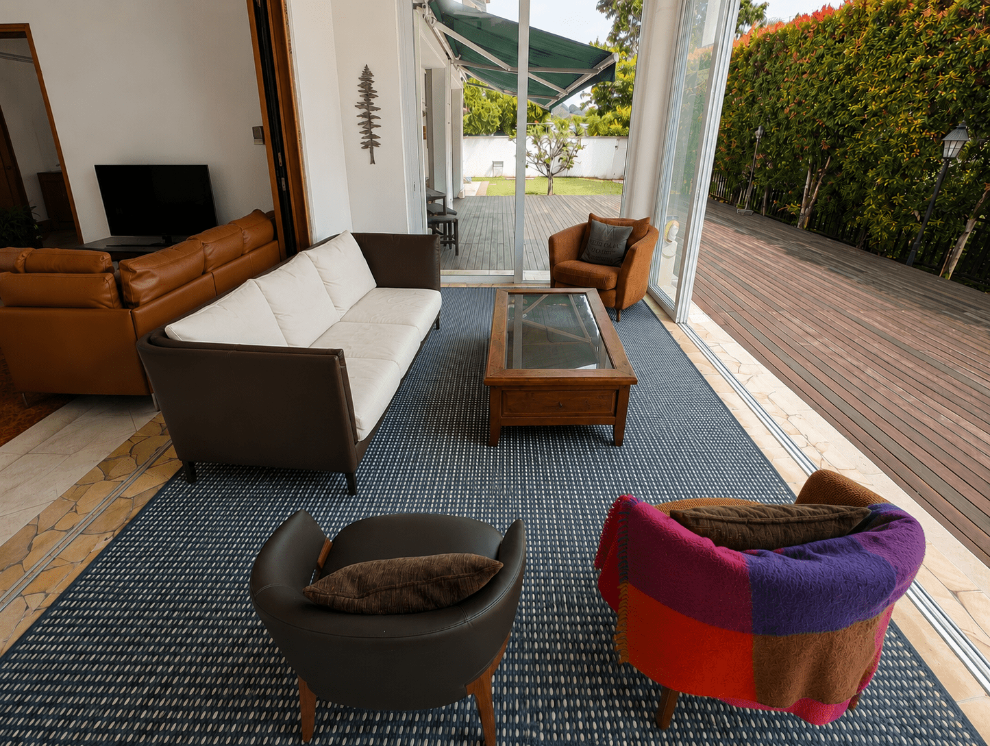 将图片加载到图库查看器，Rugs Cabana Basket Weave Tricolor Indoor &amp; Outdoor Washable Rug - Navy Grey &amp; White